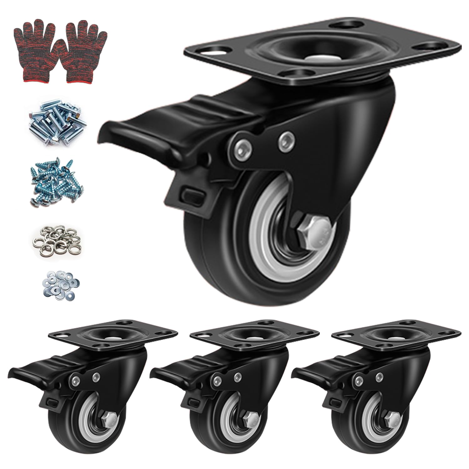 CoralBloom Castor Wheels, 50mm Caster Wheels Set of 4 with Brakes, 360 Rotating
