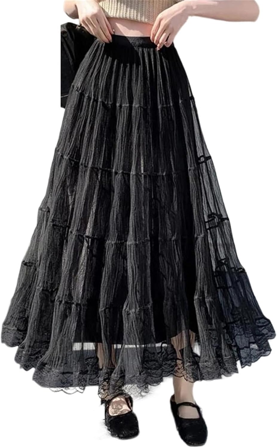 Women's Elastic Waist Pleated Mesh Skirt with Lace Patchwork for Elegant Summer Black
