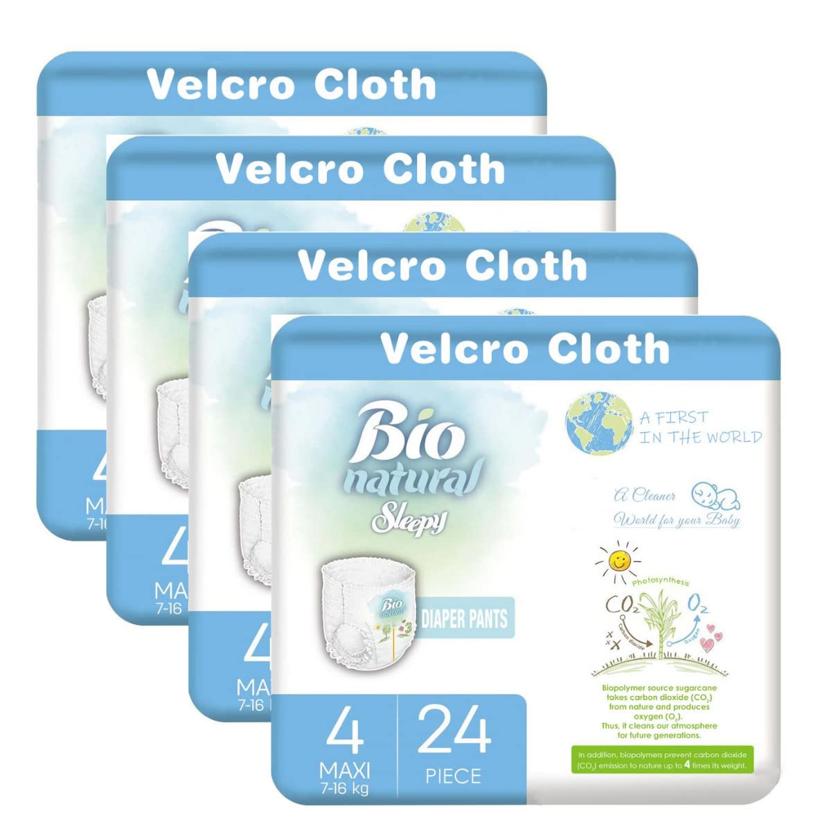Sleepy Bio Natural Diaper Pants, Maxi, Size 4 (7-15 KG), Pure, Natural & Organic, Has Wetness Indicator, 4 Packs of 24 Diapers