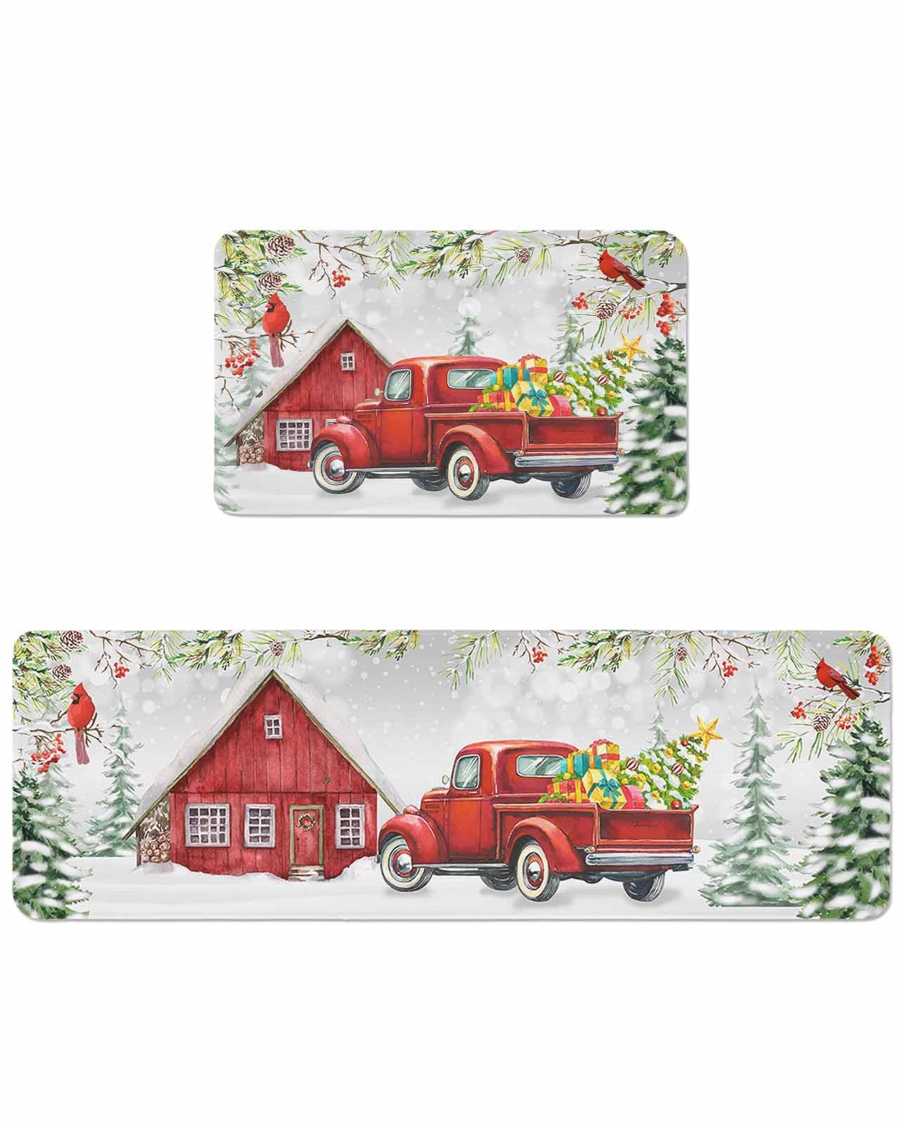 Merry Christmas Kitchen Rugs Sets 2 Piece Xmas Tree Floor Mats Red Truck Farm Barn Area Rugs Non-Slip Backing Doormat Cardinals Carpet Inside Door Mat Pad Sets-16
