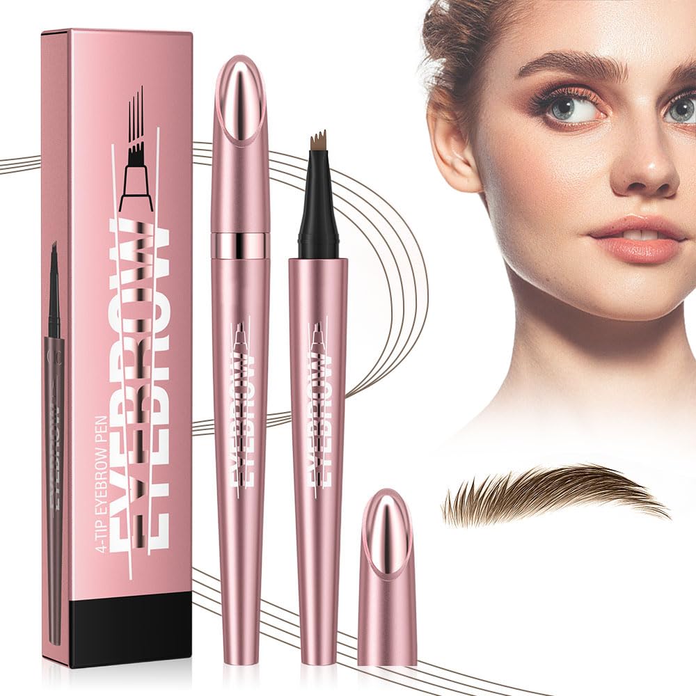 Magic Eyebrow Microblading Pen 3D Waterproof Contouring Pen, 4-Tip Eyebrow Pencil for Natural Eyeliner Makeup (01# Light Brown)