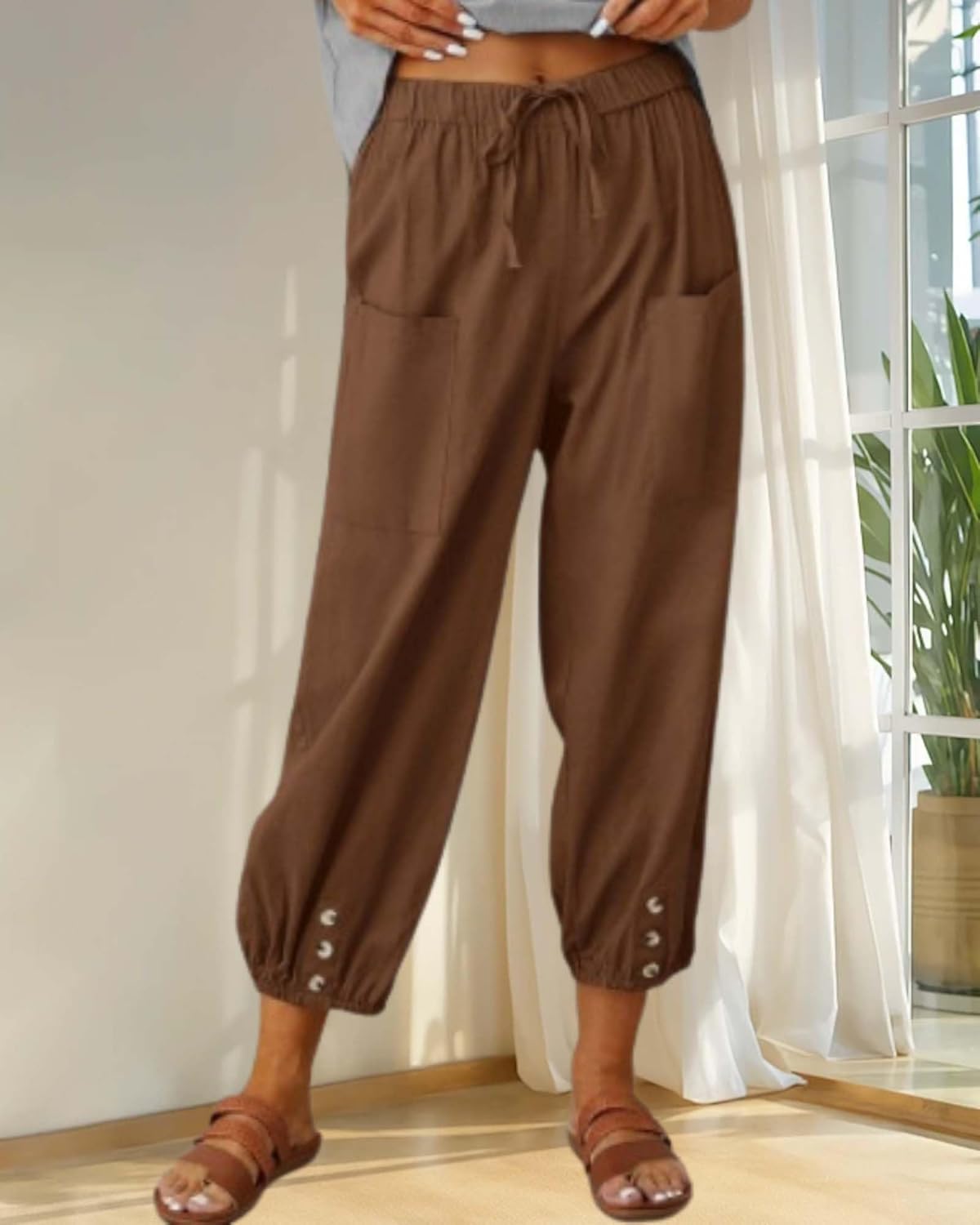 Cotton Linen Capri Pants for Women Summer Casual Plus Size High Waist Elastic Drawstring Button Trouser with Pockets - Image 2