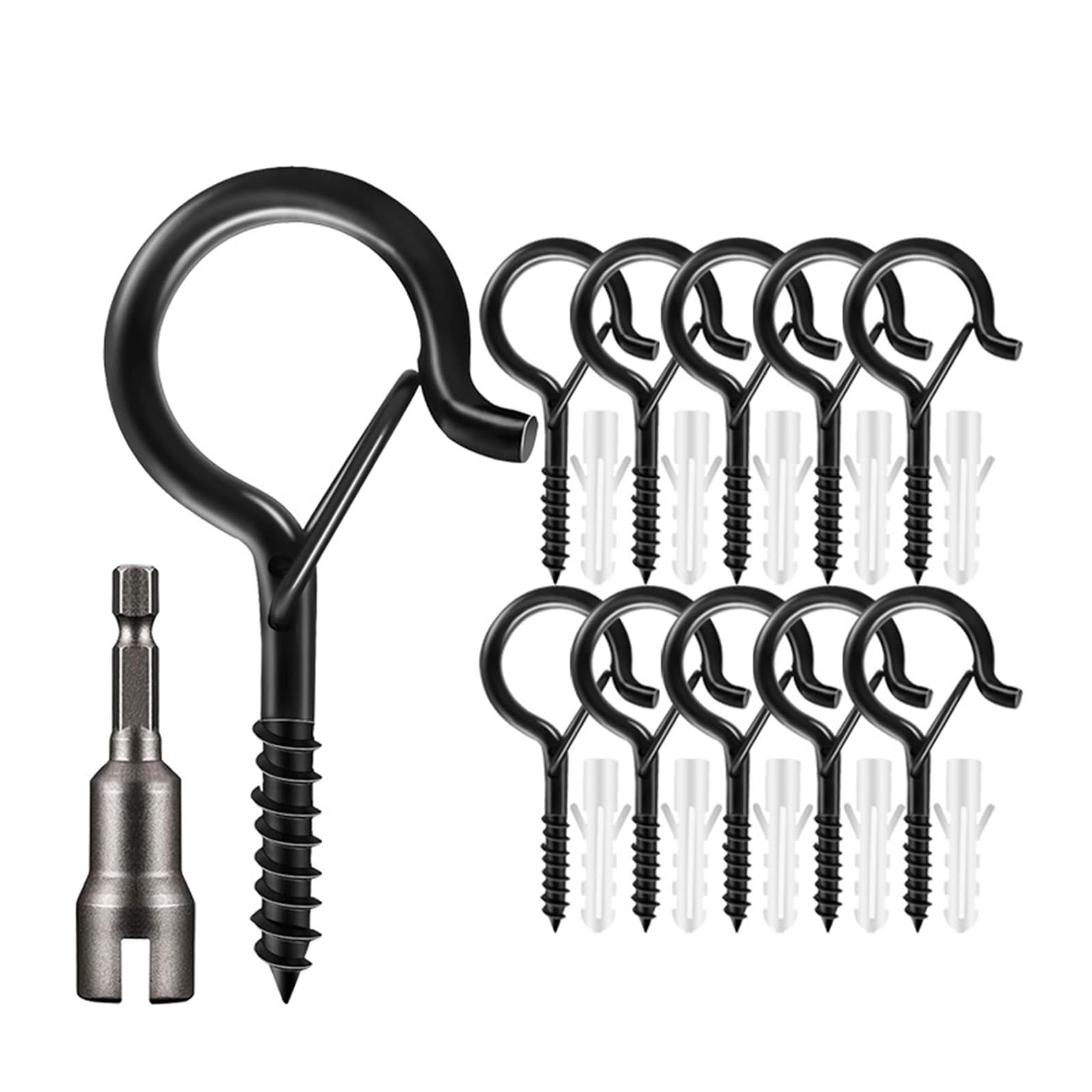 Baynopurin 10 Set(With Tools) Outdoor Light Hook 30/1X Windproof Q-Hanger Hook Heavy Duty Screw-In Hooks With Safety Buckle Outdoor String Light Wall Ceiling Spiral Hanging(10 Set(With Tools))