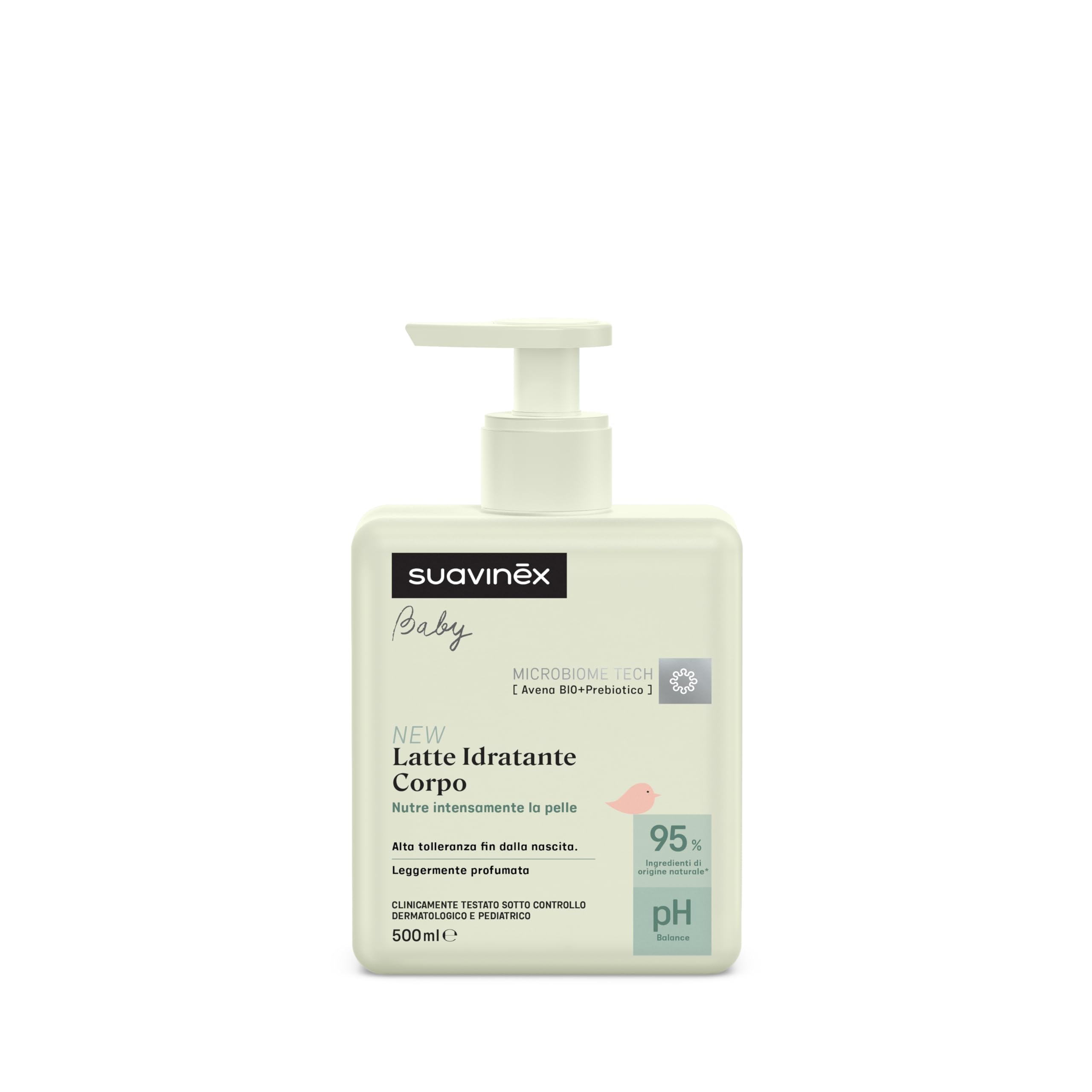 Suavinex Latte Corpo Idratante Neonato 500 ml Crema Pelli Sensibili Texture Leggera Assorbimento Facile 95% Ingredienti Naturali Prebiotici