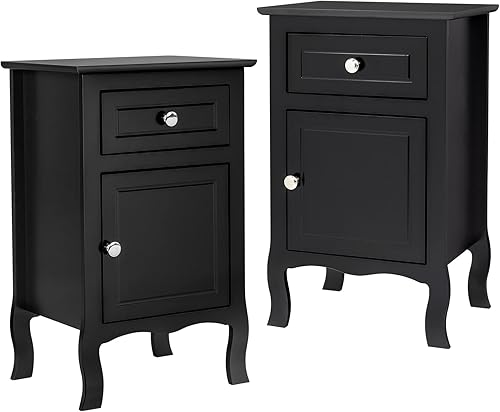 Juego de 2 mesitas de noche de estilo campestre mesa auxiliar de un cajón y una puerta mesa auxiliar con pie curvado mesita de noche de madera con