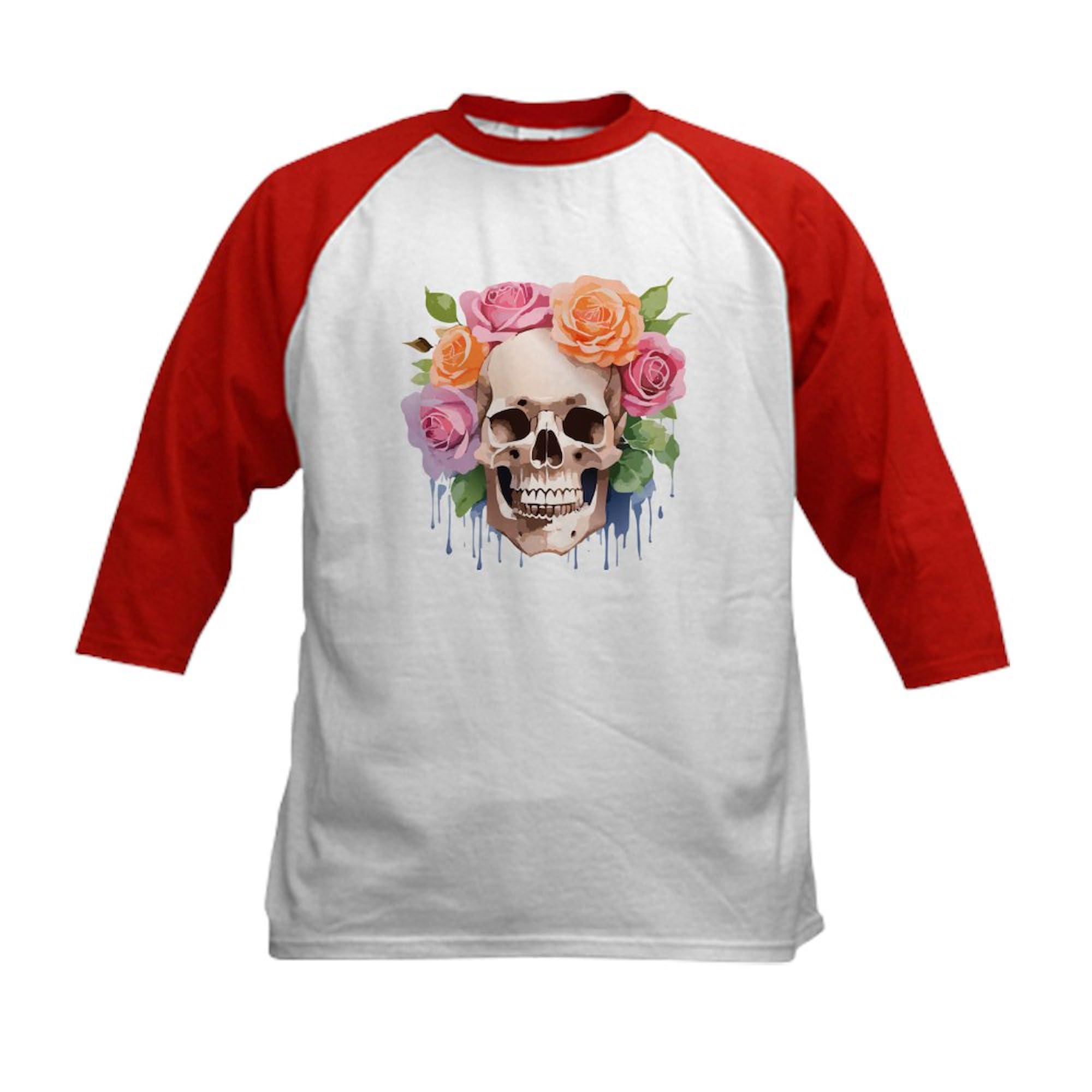 CafePress Watercolor Skull & Roses Kids Baseball T Shirt Kids Cotton Baseball Jersey, 3/4 Raglan Sleeve Shirt