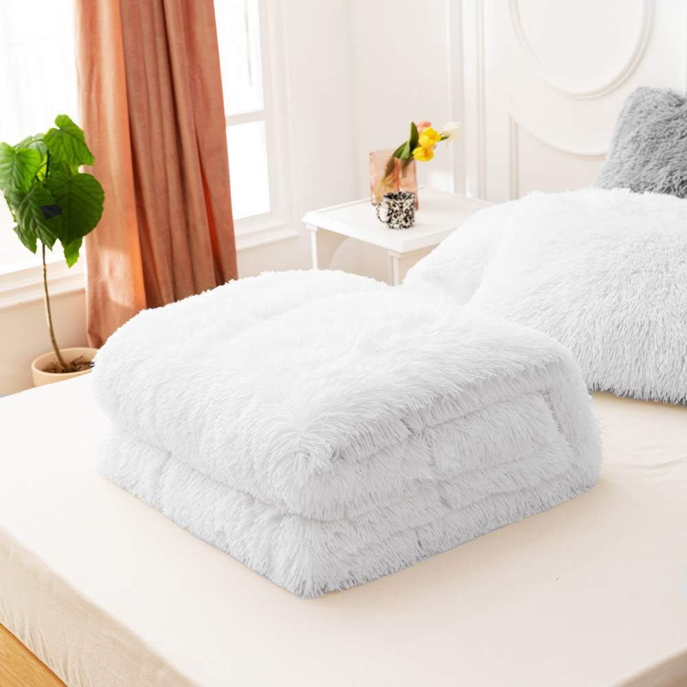 Blасk Frіdау - 60% оƒƒ Smoofy Faux Fur Comforter Set Queen 3Pcs Shaggy Plush Velvet Comforter Soft Fluffy Fuzzy Double-Sided Bedding Luxury Furry Flannel, Pure White Full 1 Comforter 2 Pillowcases