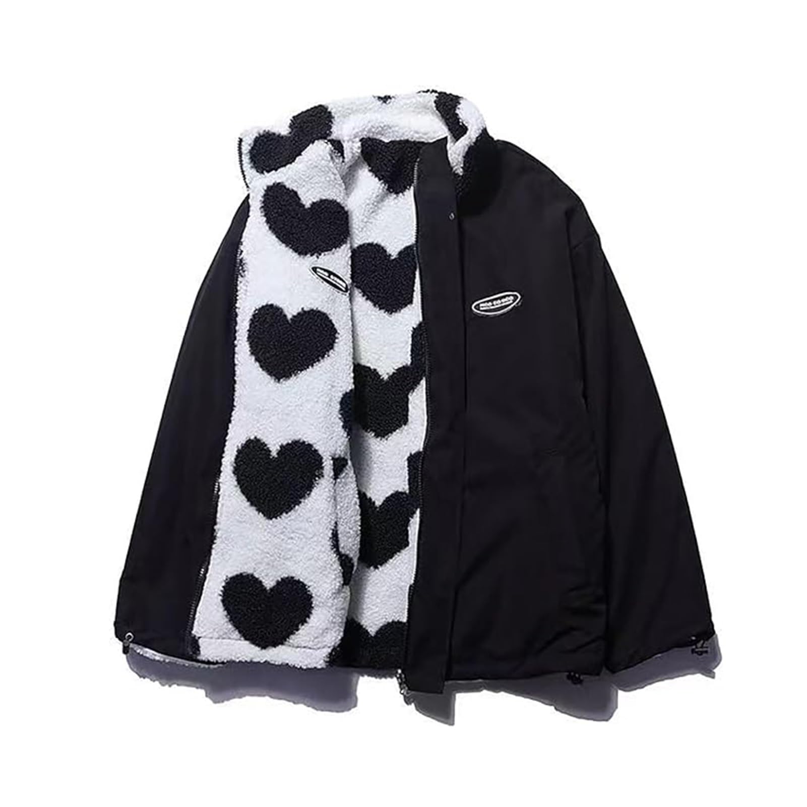 Damen Fleece Sherpa Jacken Reversible Kawaii Herz Print Fuzzy Zip Up Cutecore Mäntel Ästhetische Y2k Gyaru Kleidung