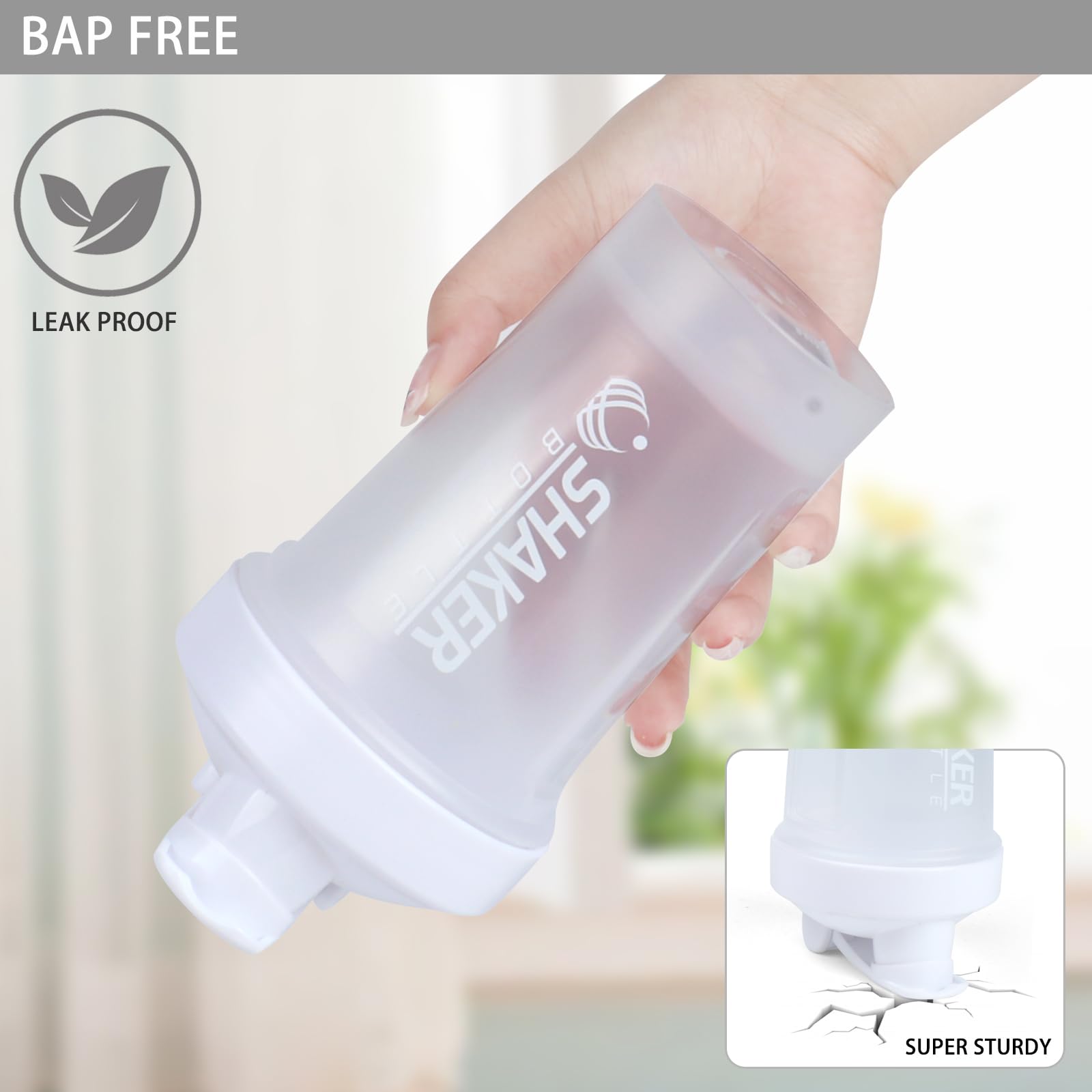Botella mezcladora, botella pequeña de 400 ml con bola mezcladora, portátil de 14 onzas para gimnasio, para entrenamiento, sin BPA, 100 % a prueba de fugas, apta para lavavajillas (blanco)