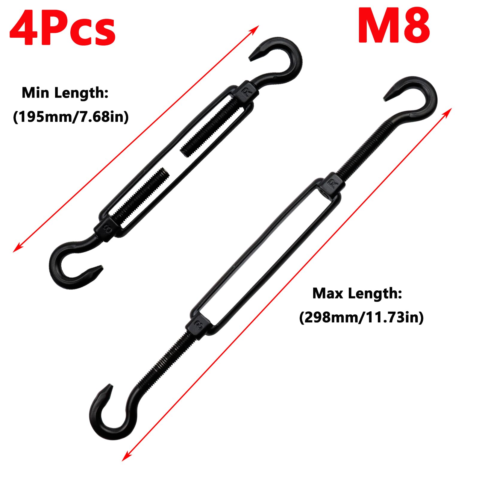 Antrader Tensor de gancho y gancho M8, 4 tensores de acero inoxidable M8 de doble gancho, tensores resistentes, tensores de cable, tensores negros para tensión de cuerda de alambre