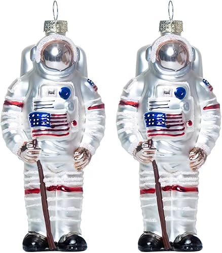 Juego de 2 adornos de Navidad de astronauta de vidrio soplado, adornos de astronauta de vidrio soplado a mano para árbol de Navidad
