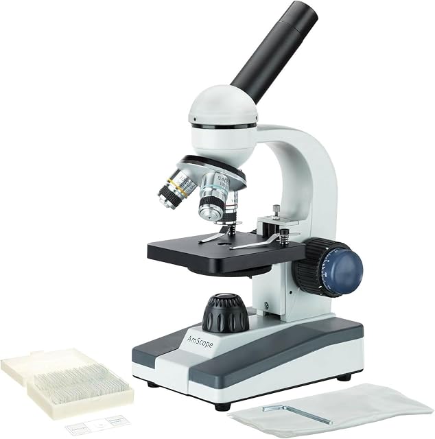 AmScope M150C-PS25 Microscope monoculaire composé, WF10x et WF25x Les lunettes, 40x-1000x Agrandissement, LED Illumination, Brightfield, Condenseur mono-Lens, Coaxial Coarse et Fine Focus, Stade Plain, 110V, Comprend l'ensemble 25 Diapositives préparées
