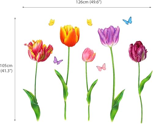 Miniatura 4 de DECOWALL SG-2116 5 calcomanías de pared de tulipán grandes, coloridas calcomanías de mariposa de flores para dormitorio, sala de estar, cuarto de