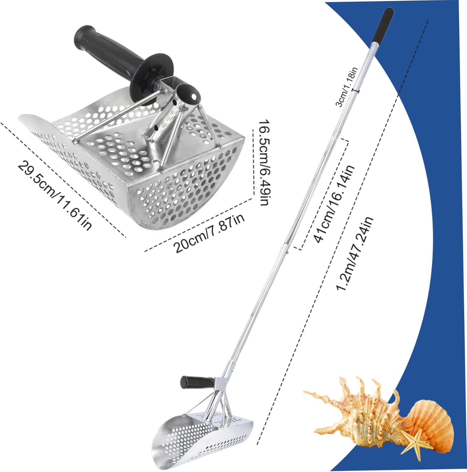 Metal Detecting Sand Scoop, Sand Scoop for Metal Detecting Stainless Steel Metal Detecting Shovel with Detachable 47In Long Handle Heavy Duty Sand Sifter for the Beach, Metal Detecting Shovel