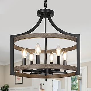 6-Light Farmhouse Chandelier, Metal Faux Wood Hanging Pendant Lighting, ...