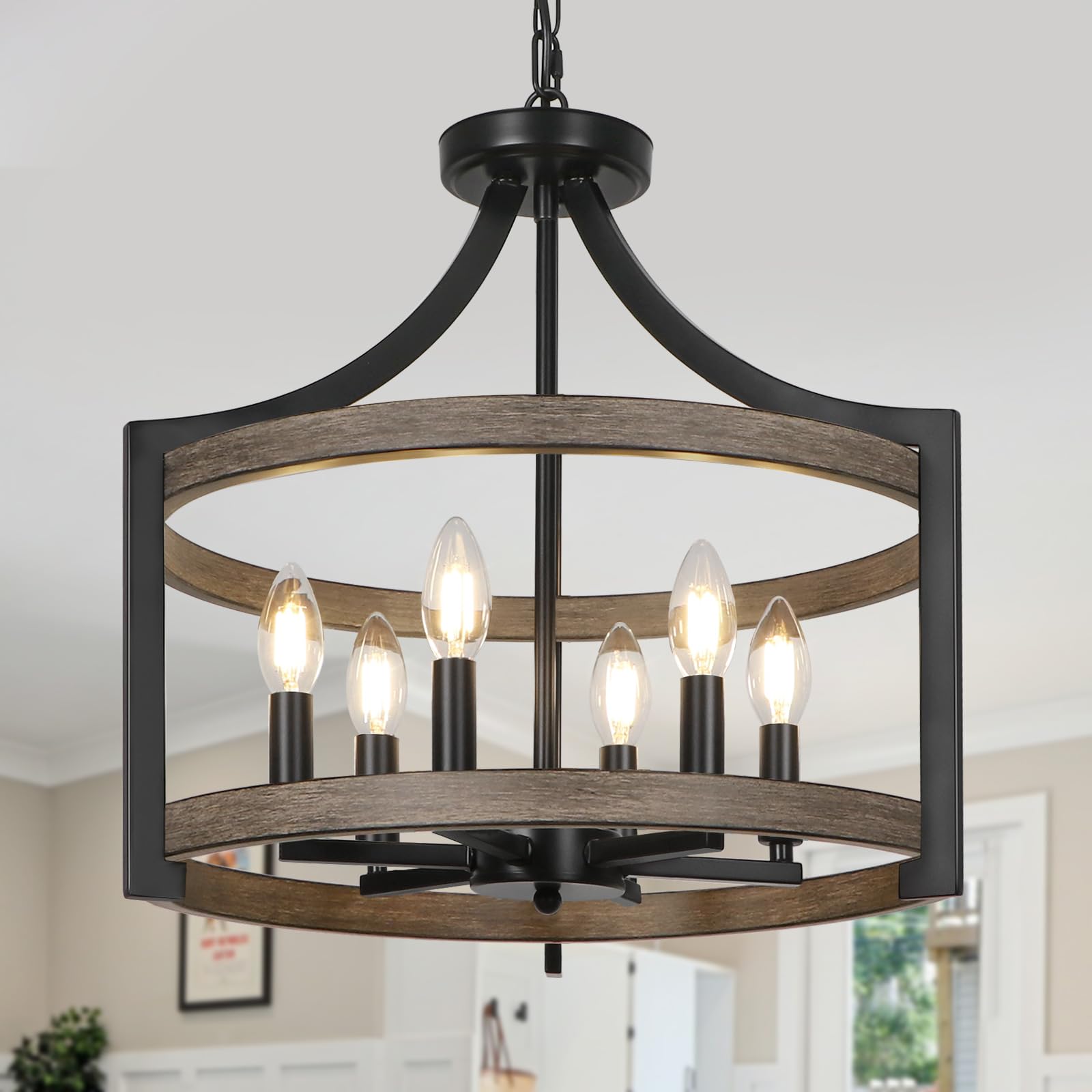 KMaiPem Modern Black Chandelier, 6 Lights Farmhouse Rustic Faux Wood Chandeliers, Vintage Metal Lantern Ceiling Lights Convertible Pendant Light for Living Room Entryway Foyer Kitchen Dining Room