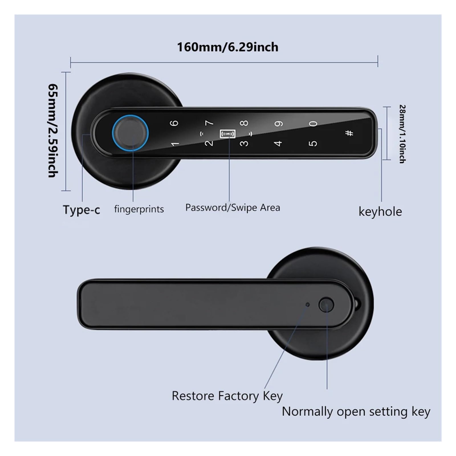 Cerradura de puerta de huellas dactilares TTLOCK APP Control de huellas dactilares Cerradura de seguridad tipo C Carga de emergencia para puertas de 3,5-6,5 cm de grosor