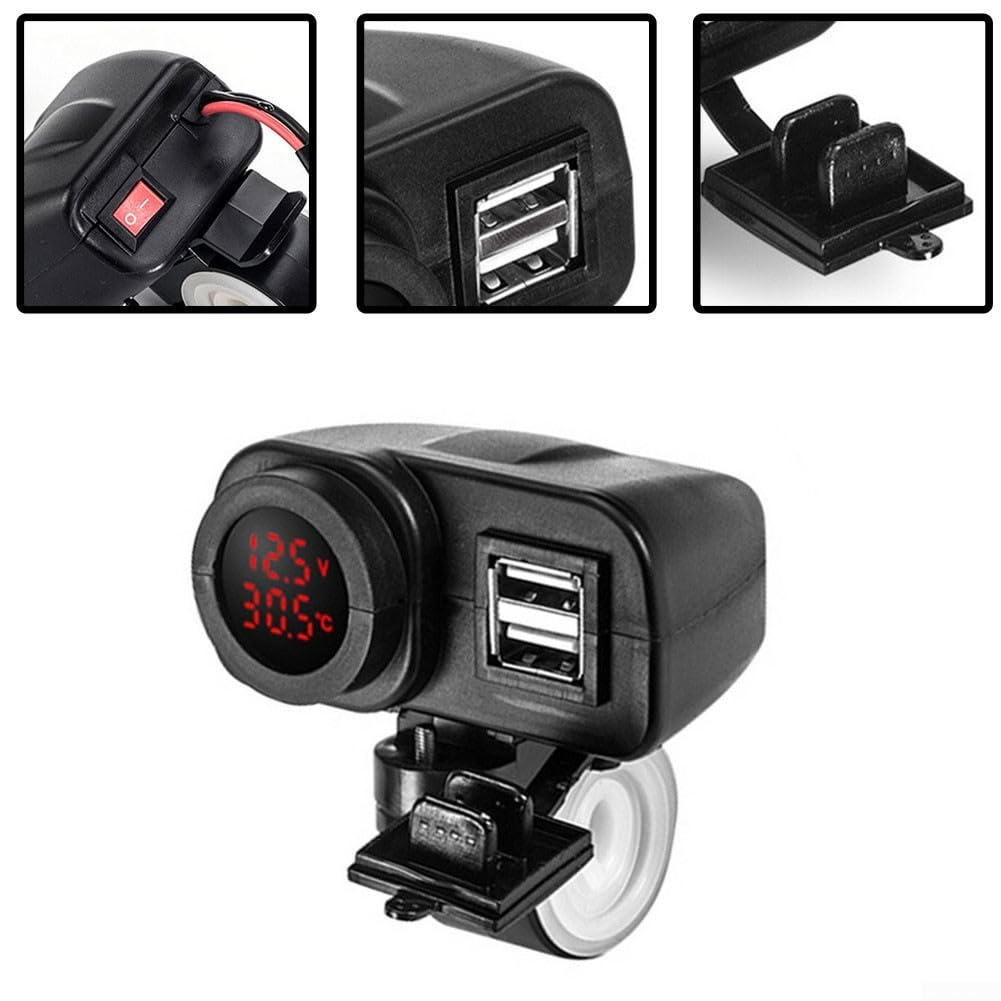 Chargeur USB double étanche avec voltmètre intégré et thermomètre pour moto