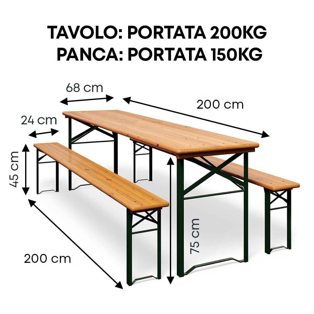 IlGruppone Set Birreria 200 x 70 Cm XL 8 Posti 3 Pezzi 2 Panche 1 Tavolo Pieghevole Panca Richiudibile Feste Giardino Festa Birra Da Feste Legno Abete