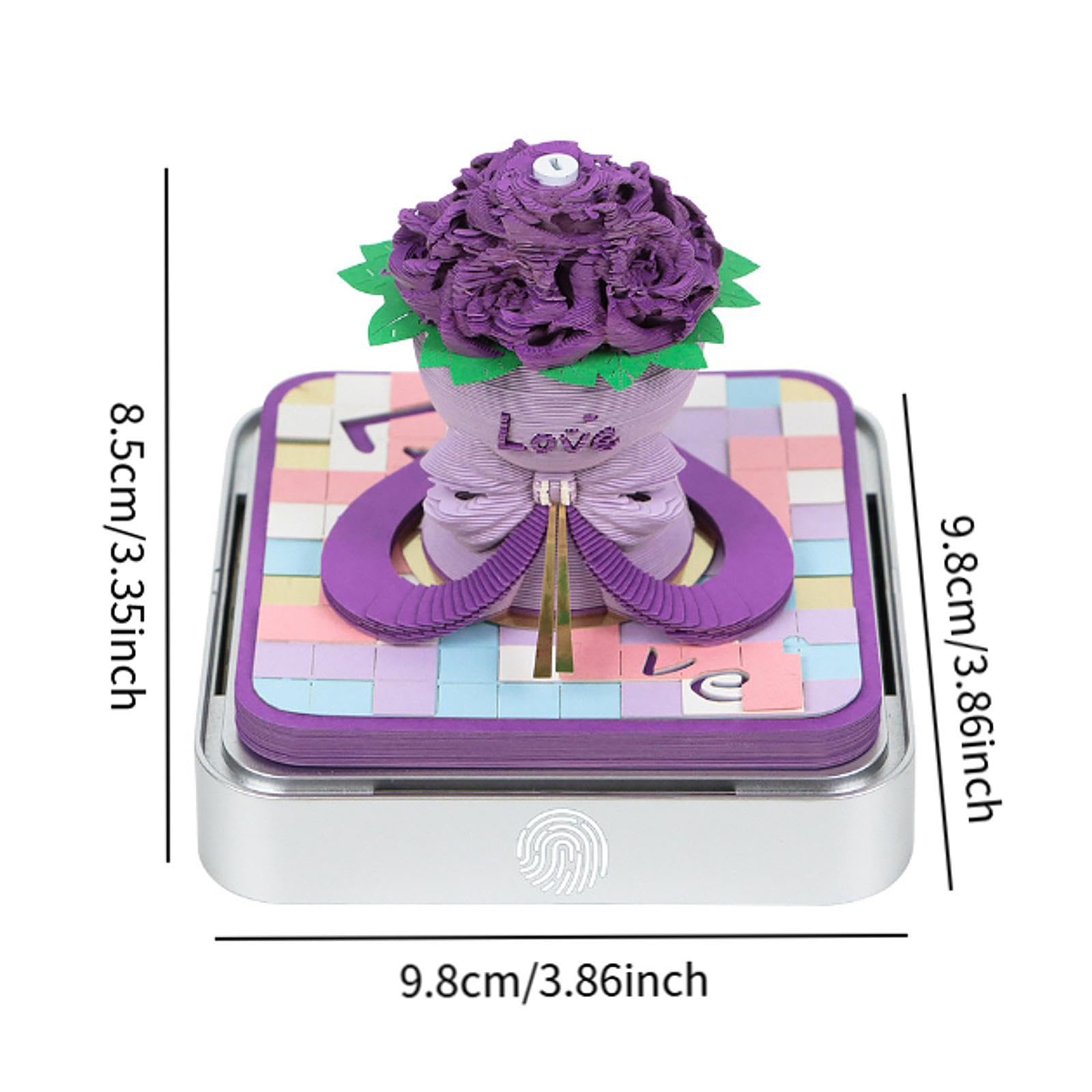 Bloc de notas 3D 2025, calendario diario de escritorio con escultura de papel de ramo de rosas con caja de exhibición acrílica, 3.8 x 3.8 x 3.35 pulgadas, color morado
