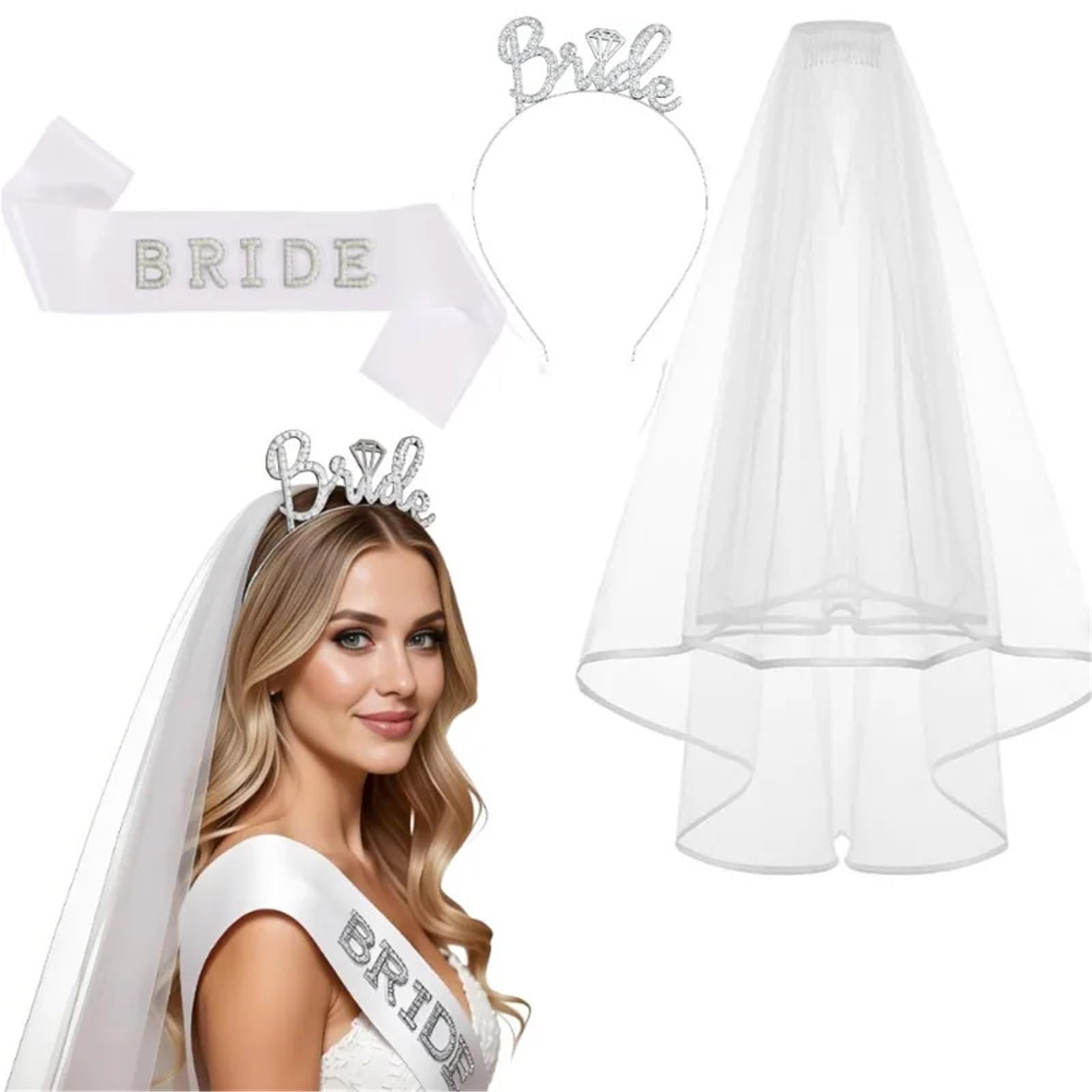 schleier jga Bride To Be Stirnband mit Schärpenschleier | Bachelorette-Party-Dekorationen, Brautparty-Zubehör, 3 Stück