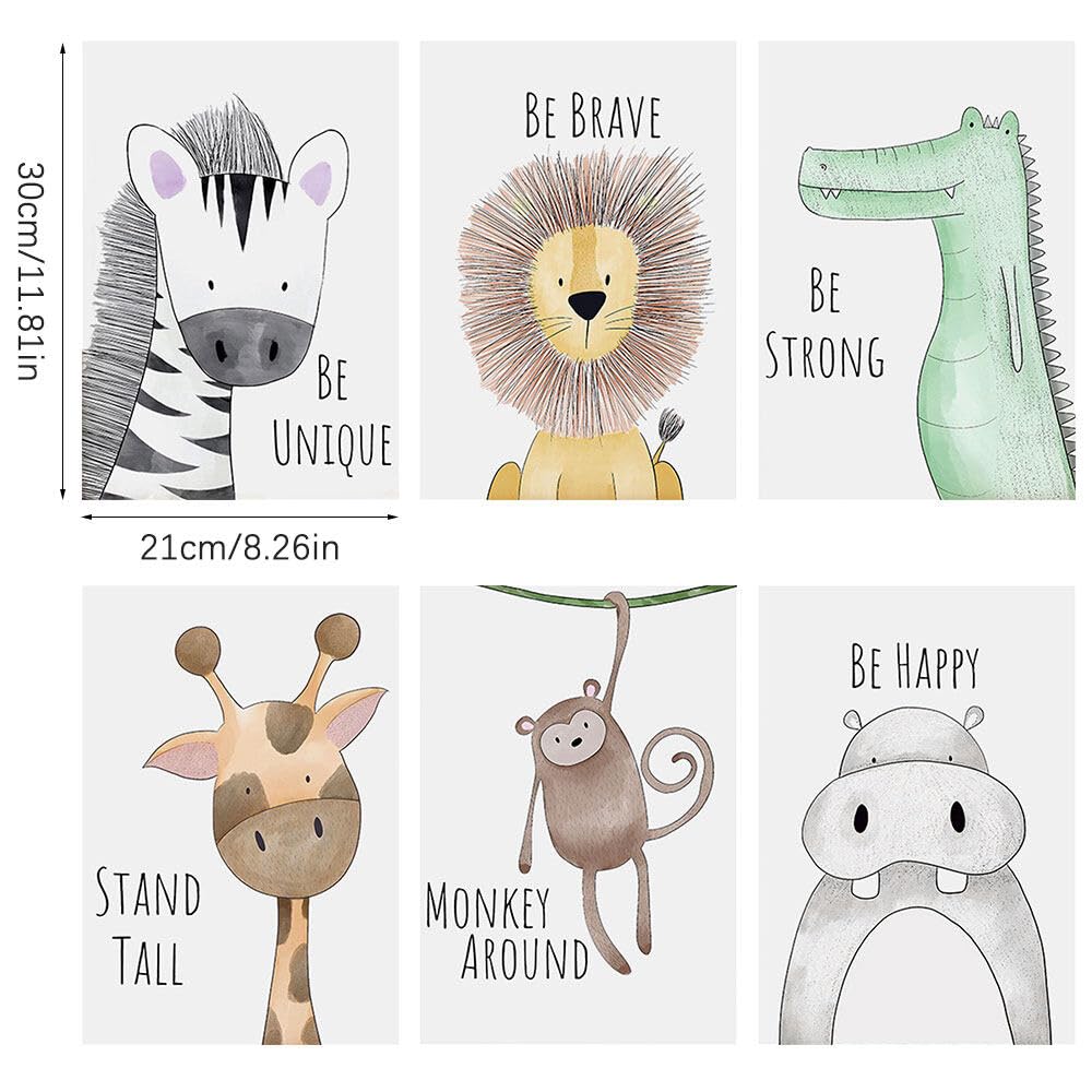 Hwtcjx Set di 6 immagini per la Cameretta dei Bambini, Quadri Cameretta Bambino, Decorazione per Bambini, Quadri per Camera Bambini, Animali Della Foresta, Safari, Senza Cornici (20 x 30 cm) (Set 1)