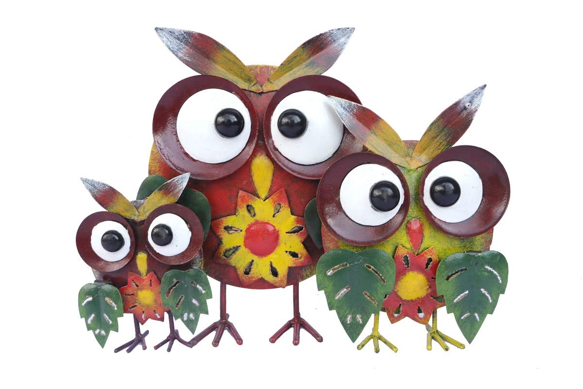 Sk Style Painted Garden Sculpture - Metal Owl Family Statue Ornament