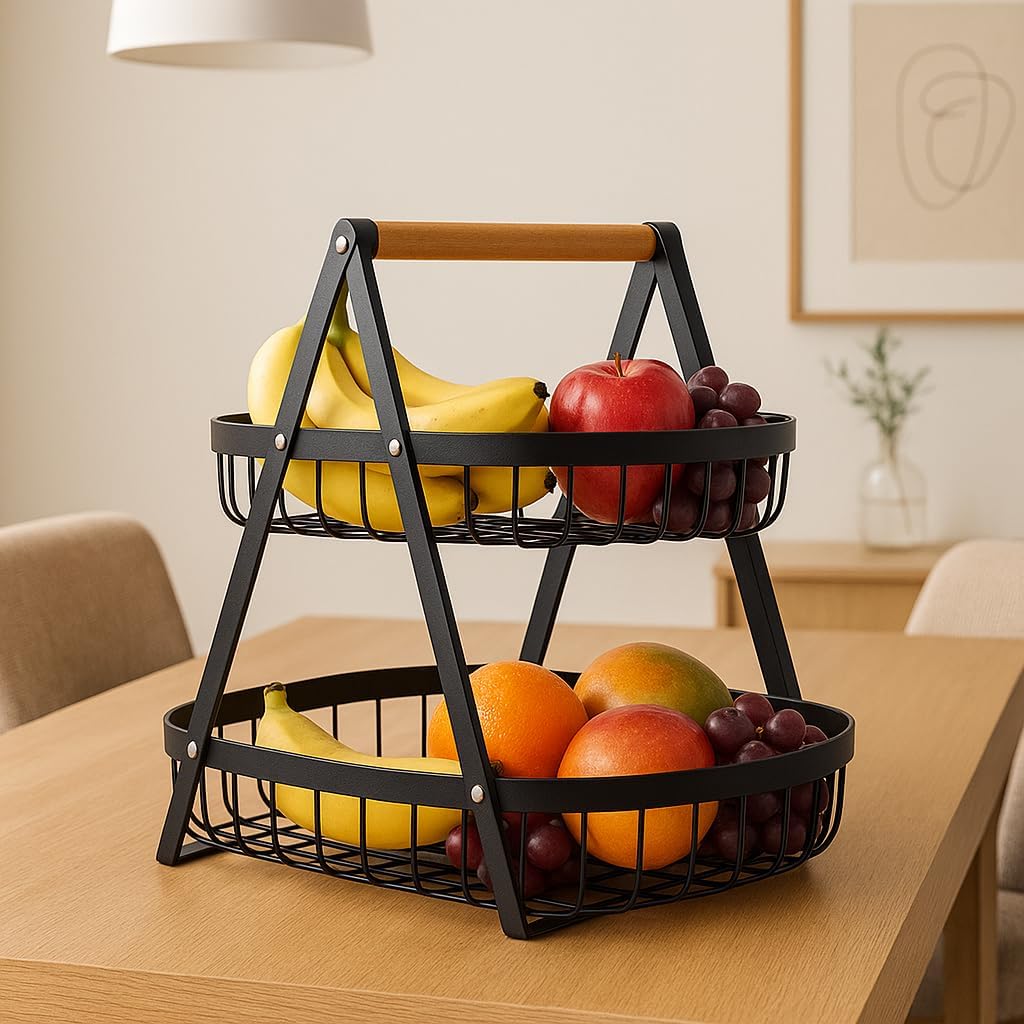Fruteira de Mesa 2 Andares de Metal com Alça de Bambu – Cesta Organizadora de Frutas Decorativa para Cozinha e Sala