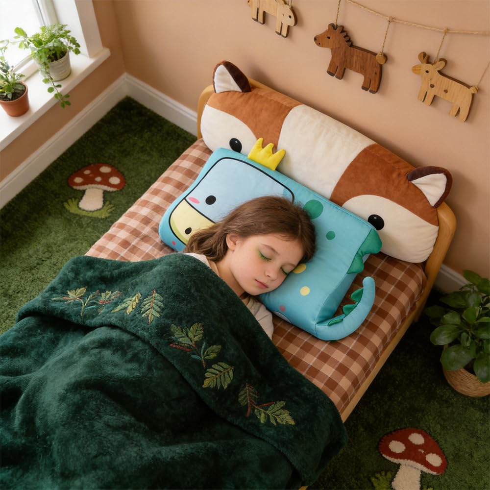 Almohada para Niños, Almohada Bebe, 45 x 27 cm Cojín Calmly, Almohada Infantil con Memoria Transpirable, ergonómica, con Funda de Almohada, Almohada niños 2 años Dinosauro Della Corona