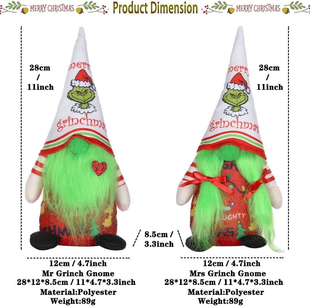 2Pcs Christmas Gnome Decorations Indoor, Cute Handmade Christmas Green Garinchmas Gnomes Ornaments Santa Swedish Tomte Nisse Plush Scandinavian Doll Decor for Women Men Home Table Room Party Gift
