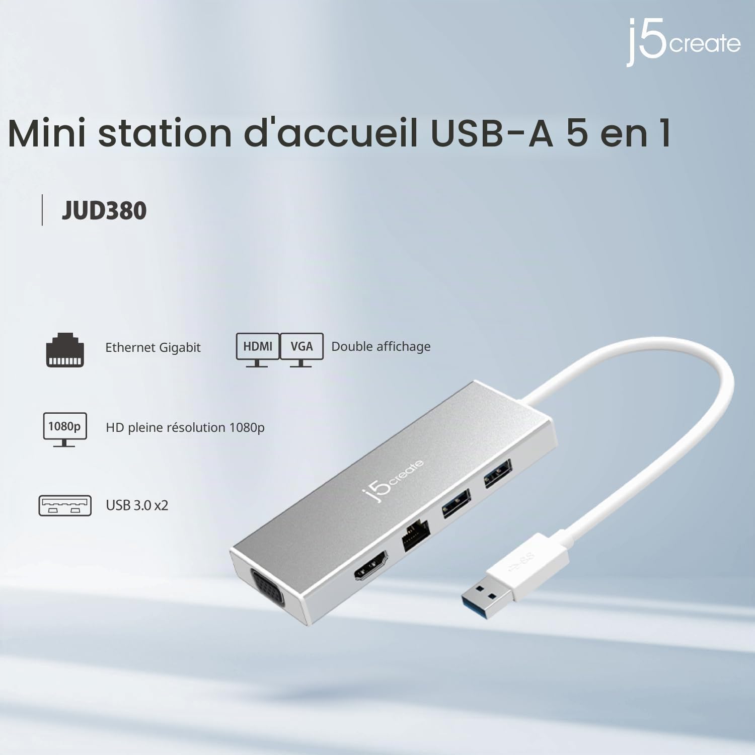 j5create Hub USB 3.0 avec HDMI, VGA, RJ45 Gigabit Ethernet, 2 Ports USB 3.1 Type-A pour Mac, Windows, PC (JUD380)