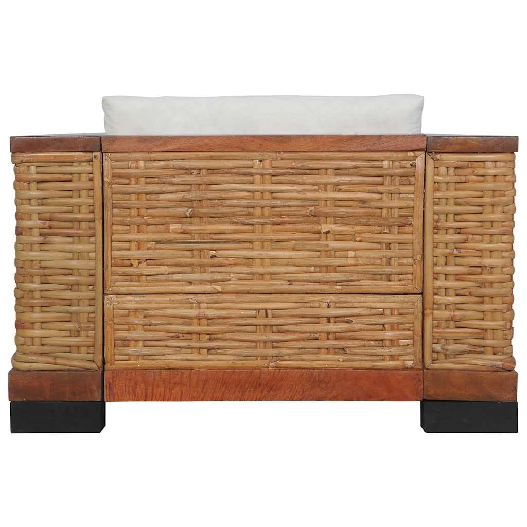 Poltrona in rattan con cuscino in rattan naturale e legno di mango, poltrona relax per soggiorno e giardino d'inverno, comoda poltrona in vimini con cuscino per seduta e schienale, marrone