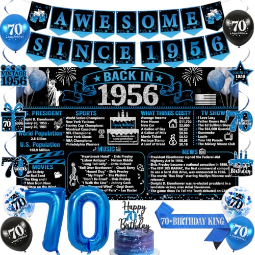 Trgowaul Back in 1956 Birthday Decorations for Men Black Blue 70th Birthday Party Supplies Back in 1956 Poster Backdrop Banner Sash 70th Cake Topper Latex Balloon Cheers to 70 Year Old Set