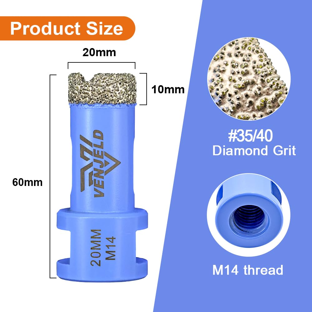 Diamond Tile Drill Bit 20mm Hole Saw with M14 Thread Dry Drilling for Ceramic Porcelain Tile Granite Marble Stone VENJELD - Image 2