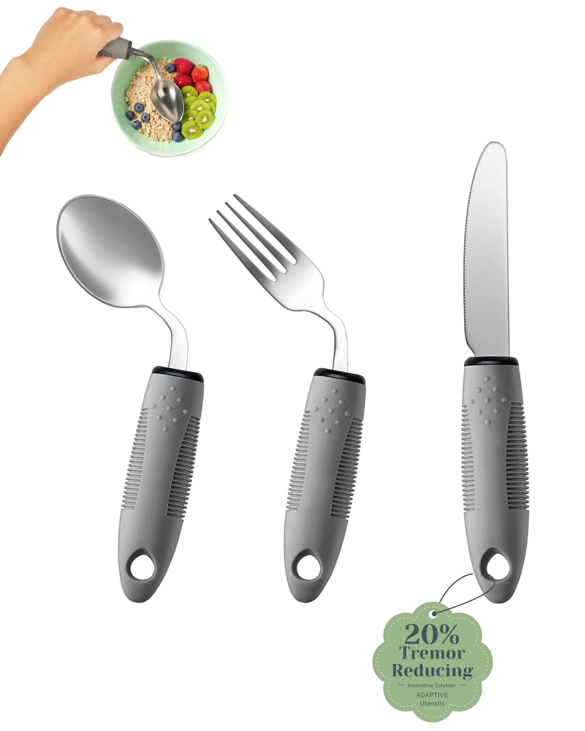 Juego de utensilios adaptativos (3 piezas) – Ángulo de 42°, cubiertos con peso de 3 onzas para Parkinson, temblores de manos y artritis – Ayudas ergonómicas para comer de fácil agarre