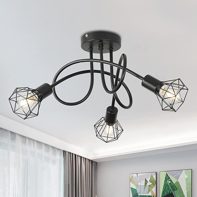 3 Way Ceiling Light Fixture Rotatable Retro Spotlight Fitting E14 Base Angle Adjustable with Black Metal Cage Flush Mount for Bedroom Living Room Hallway (Bulbs Not Included)