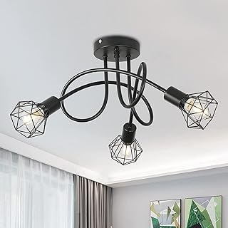 Beleben 3 Way Black Kitchen Ceiling Light Retro Spotlight Fitting Metal Cage Design Industrial Chandeliers Flush Mount Fixture with E14 Base for Living Room Hallway Lounge (Bulbs Not Included)