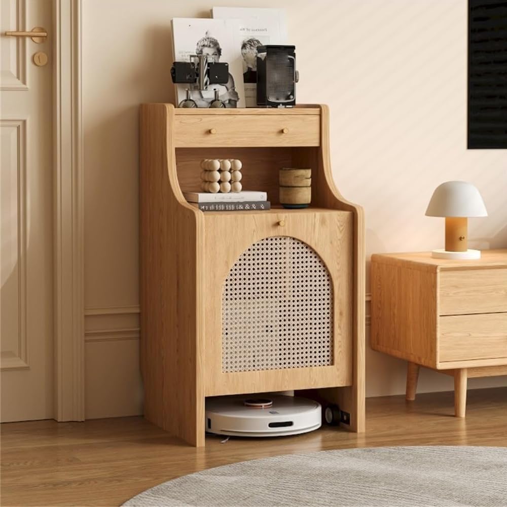 Home Furnishing Night Stand Vacuum Hidden Cabinet for Sweeping Robots Removable Shelf Storage Cabinet with Doors for Livingroom Versatile Home(Natural)