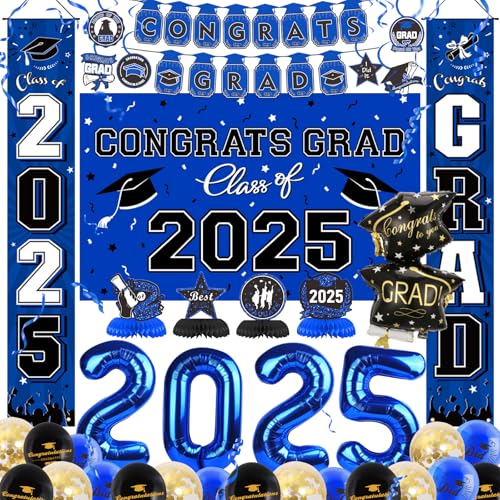 Image of Graduation Decorations 2025 Set Grad Party Supplies with Congrats Grad Banner, Class of 2025 Backdrop, Balloons & Streamers Kit, Foil Number 2025, Honeycomb, Porch Sign for Graduation Decor Blue