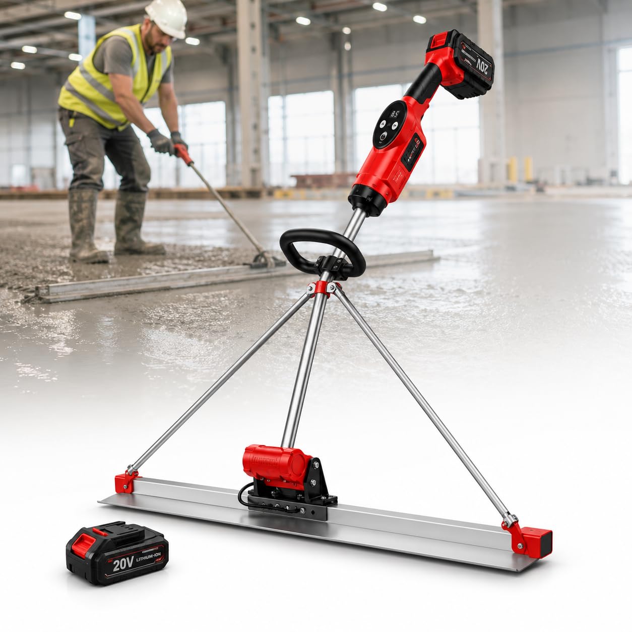 Battery Powered Concrete Vibrating Tamper Ruler, Cordless Cement Screed Finishing Machine with 5FT Stainless Board, 9-Speed & Large Lithium Battery for Residential & Commercial Work singlebattery