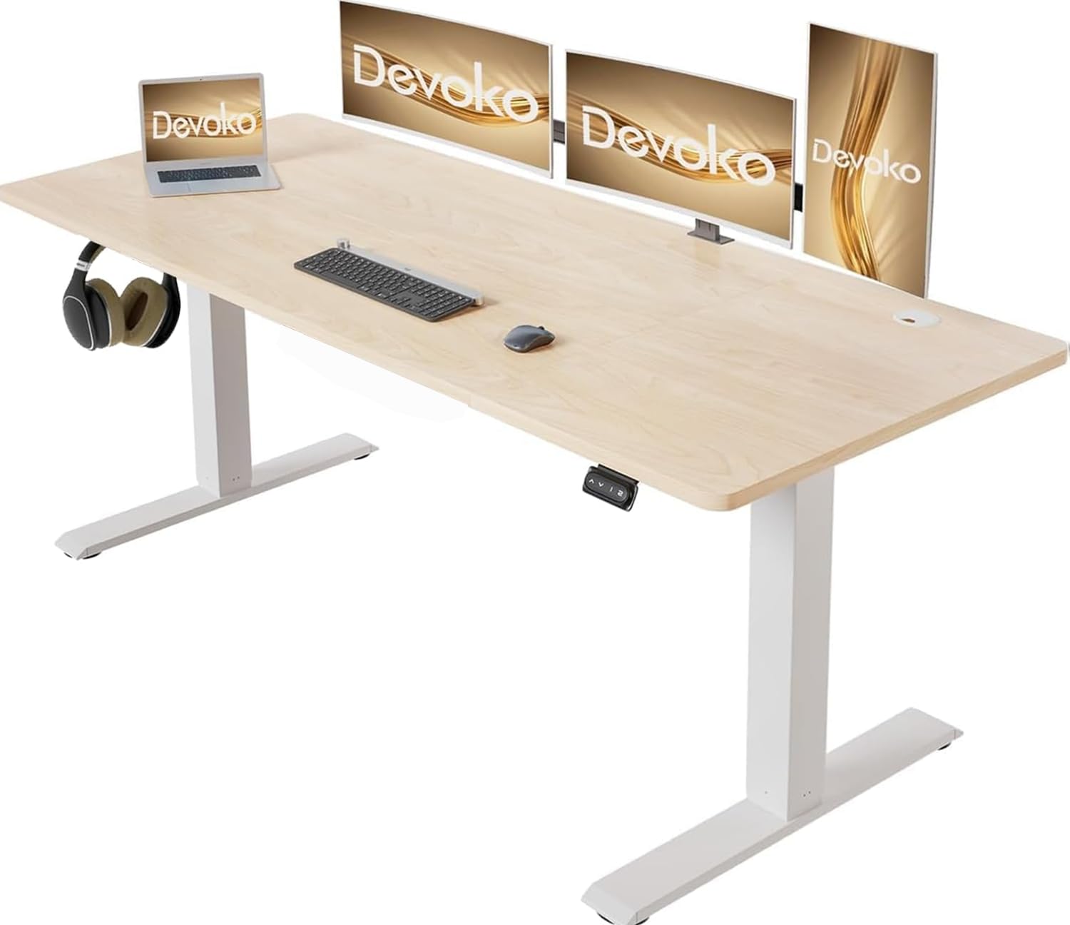 DevokoEscritorio de altura regulable eléctrica, 160 x 70 cm, bandeja para cables, estabilidad de pie, 2 funciones