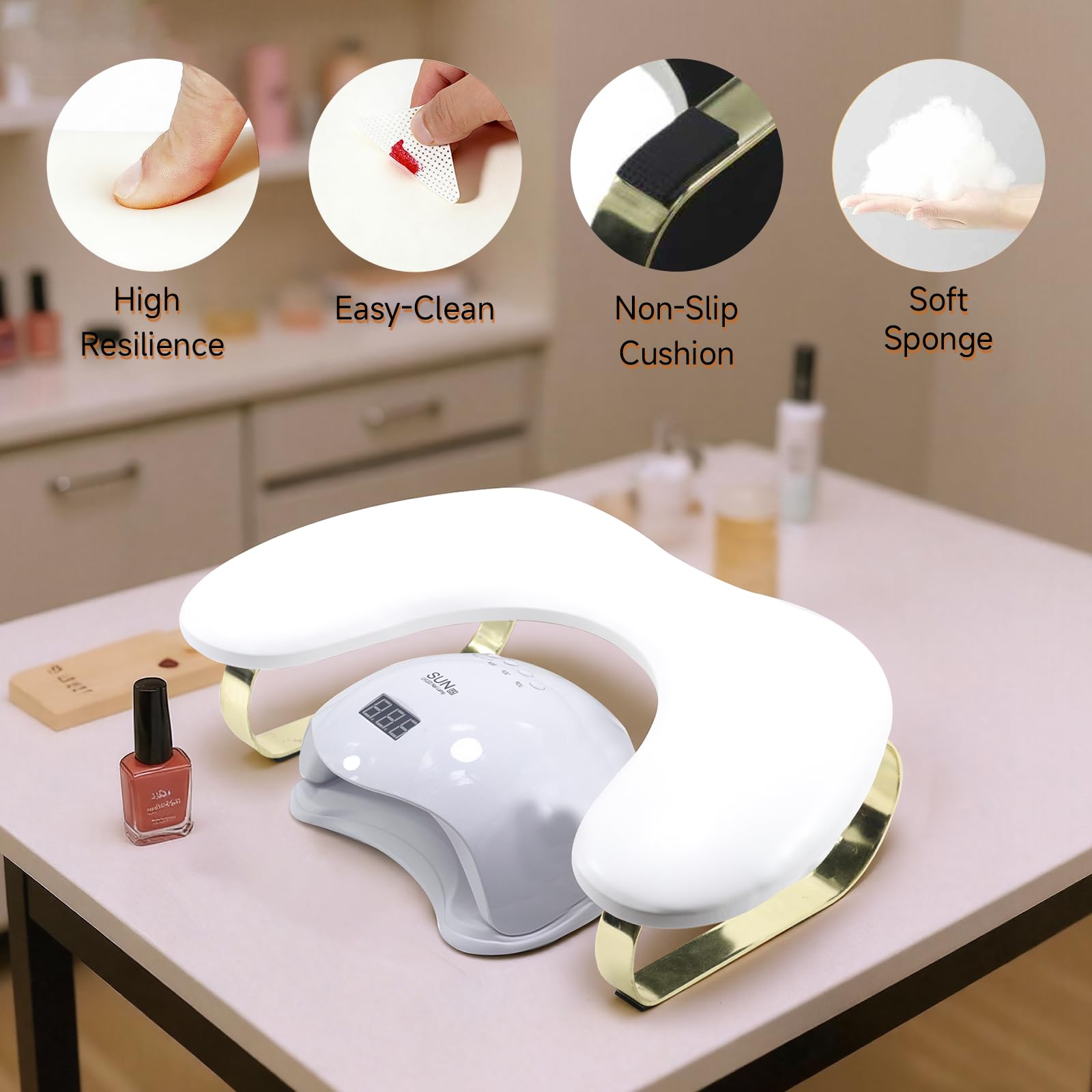U-Shaped Nail Arm Rest with 45° Tilt and Golden Curved Stands