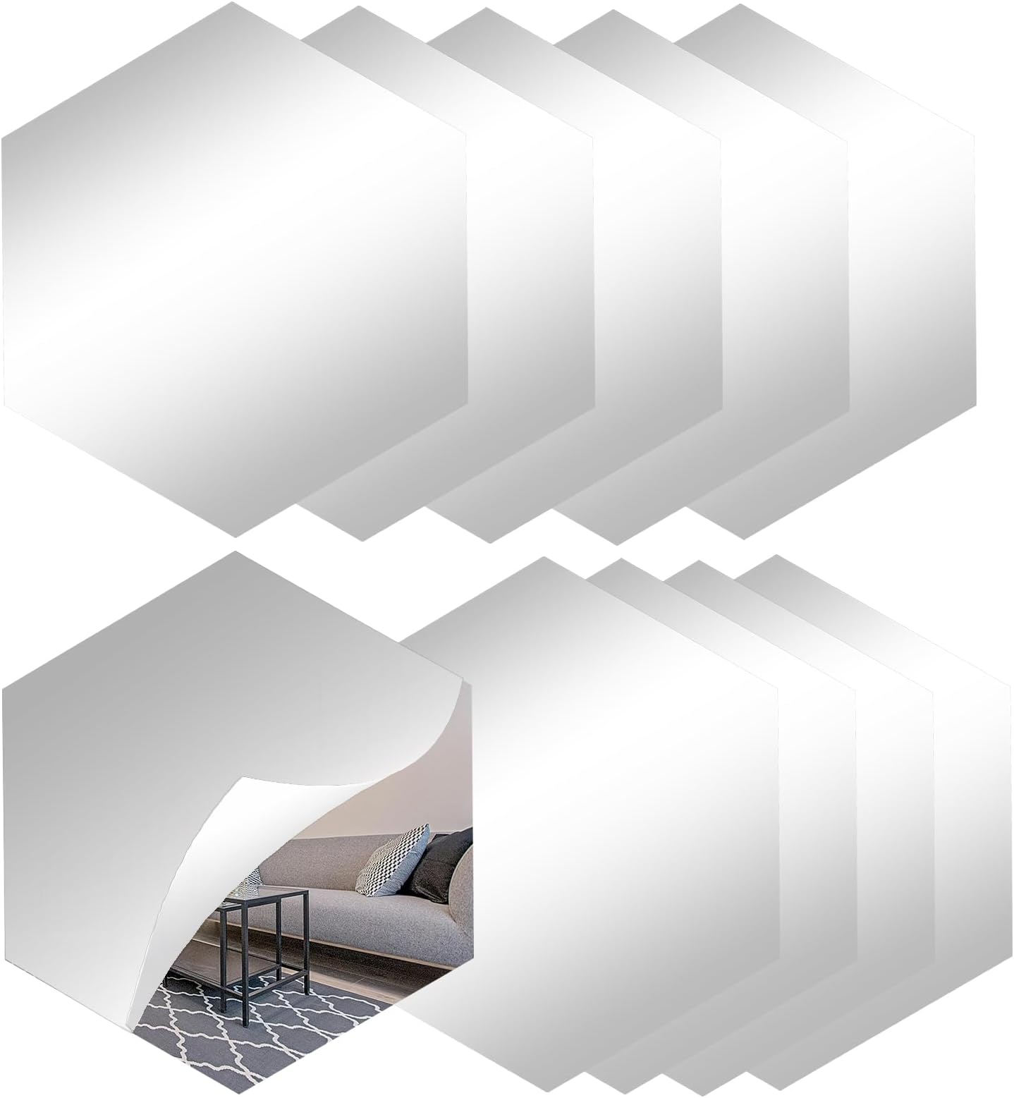 – PINGEUI 10 Pcs Self Adhesive Mirror Tiles, 23x20cm Acrylic Wall Mirror, Clear Stick on Wall Mirrors for Bathroom Living Room Office, Hexagon