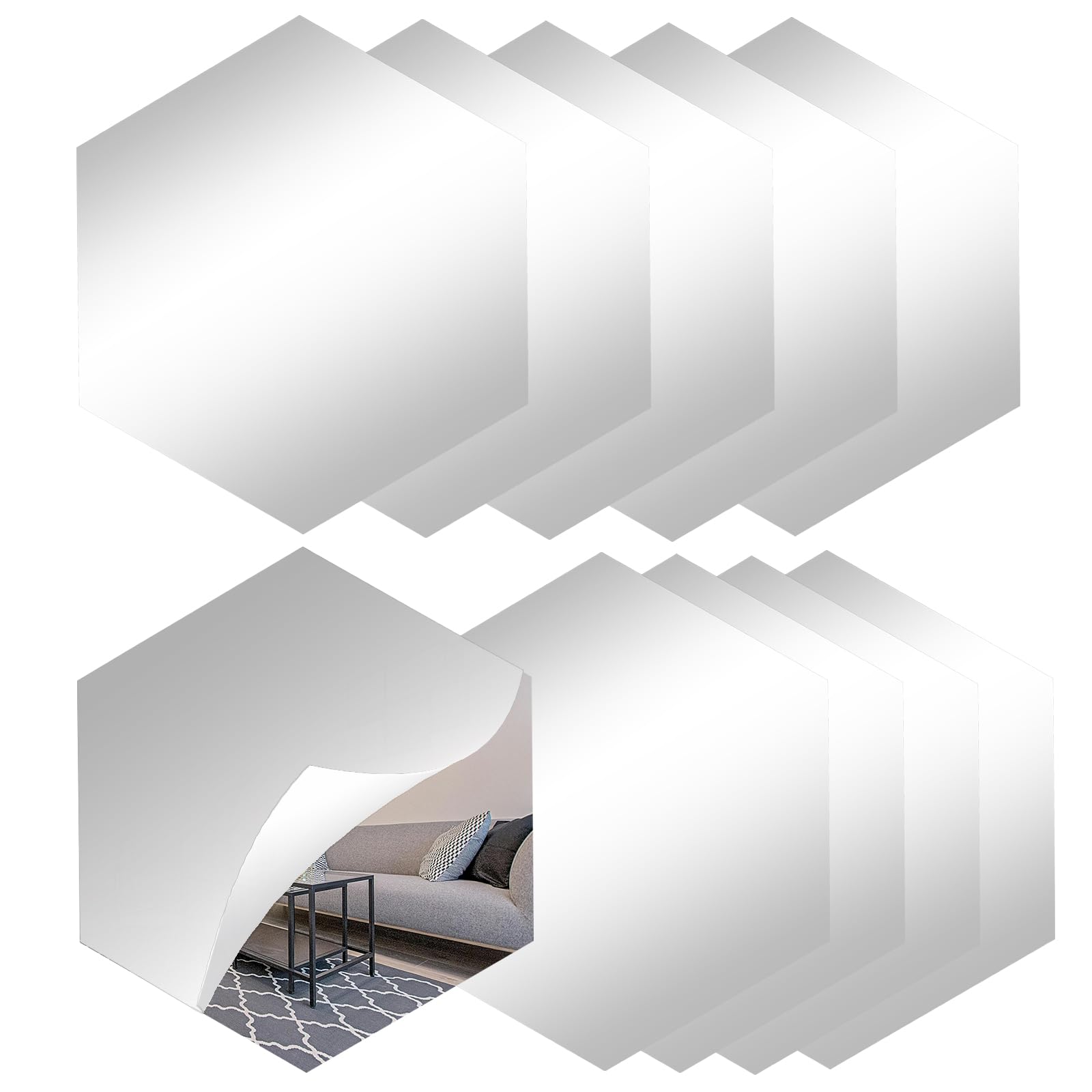 PINGEUI 10 Pcs Self Adhesive Mirror Tiles, 23x20cm Acrylic Wall Mirror, Clear Stick on Wall Mirrors for Bathroom Living Room Office, Hexagon