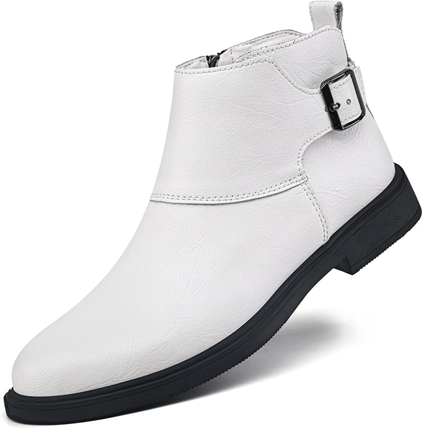 Men's Genuine Leather Pointed Toe Dress Chelsea Boots Adjustable Buckle Inner Zipper Ankle Boots Casual Formal Business Booties