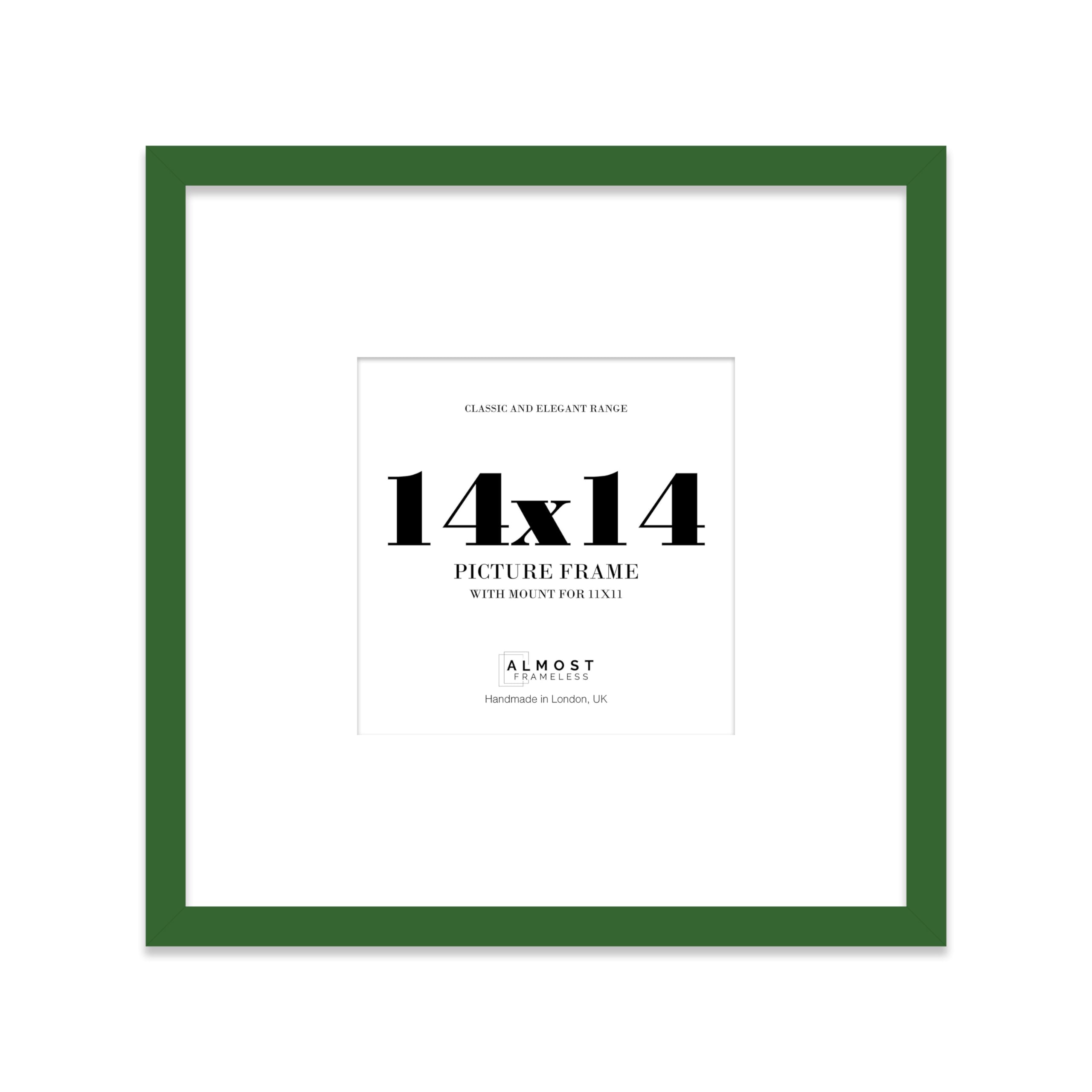 Almost Frameless 14x14 Square Picture Frame, Display Pictures 11x11 With Mat or 14x14 Without Mat, Wall Hanging & Free Standing Photo Frame, Green, 1 Pack