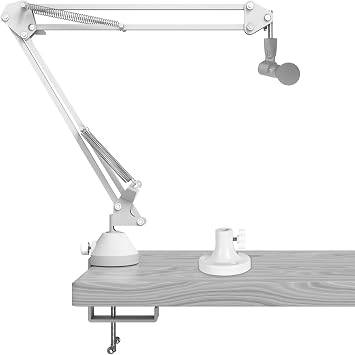 GEEKRIA for Creators Microphone Boom Arm Compatible with Shure MV88+, SM7B, MV7, MV7X; Modern White Clamp Stand with Tabletop Flange Mount, Suspension Mic Stand for Studio Recording