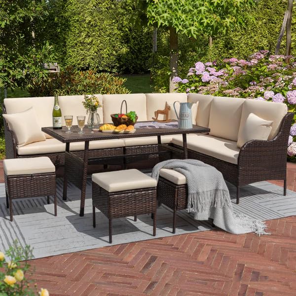 Image of DEVOKO 6 Piece Outdoor Patio Furniture Set All-Weather Wicker Rattan Modern Sofa Set with 1 Dining Table and 3 Footrests (Dark Brown & Cream)