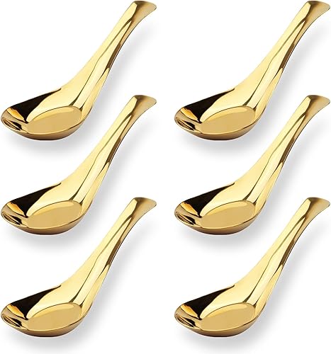 Juego de 6 cucharas asiáticas de sopa china de acero inoxidable para fideos Ramen Pho Wonton (dorado)