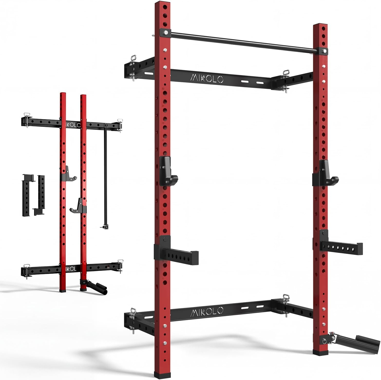 Mikolo 2" x 2" Folding Wall Mounted Squat Rack, 1000 Pounds Capacity Power Rack with Safety Catches, Pull Up Bar, J Hooks and Landmine Attachment, Space-Saving Home Gym(Red